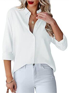 Women's V-Neck Long Sleeve Button Down Shirt with Pocket, Office Casual Blouse